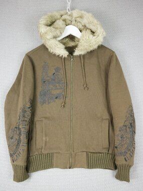 TXT Faur Fur Zip Up Hoodie Jacket Brown Grunge Womens Large Y2K Alternative